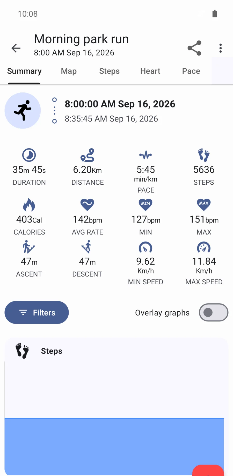 Notify running workout summary with duration, distance, pace, steps, calories, heart rate and a chart