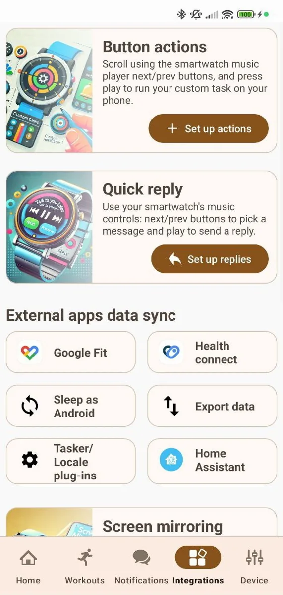 Mi Band Notify App Screenshot - Integrations Page